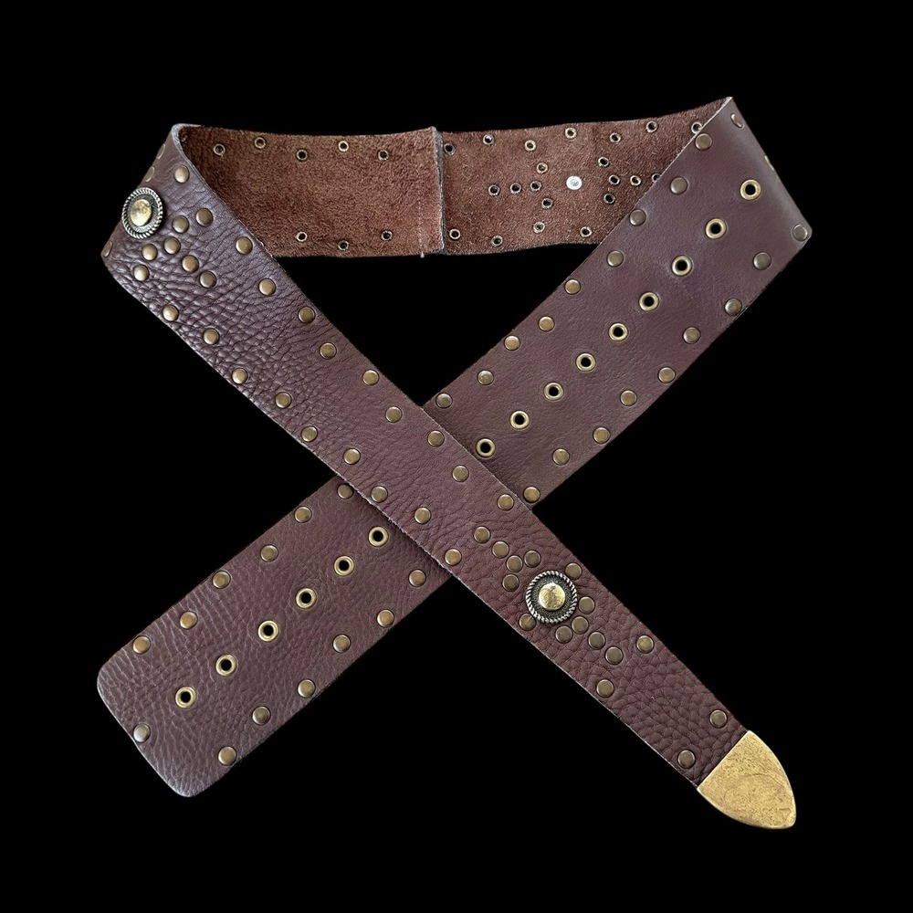 Cache Brown Leather Studded Wide Waist Belt Brass Grommets Made inβ USA Large